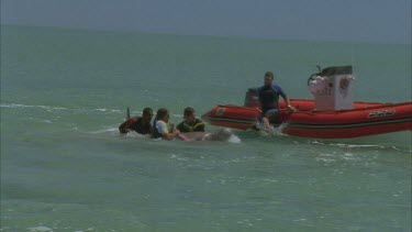 marine scientists on red zodiac inflatable boat , some leap onto dugong in water chase after in shallow water then wrestle it beside boat