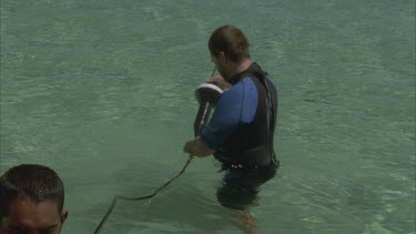 marine scientists beside zodiac with captured dugong apply satellite collar around its neck and lay transmitter out behind attached to tail