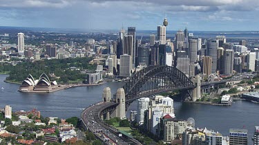 Sydney to Blue Mountains - Aerial - View from North Sydney City of Harbour Bridge, Sydney City, Opera House, Ferry Wharf