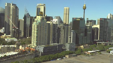 Sydney CBD city with tall office towers and Centrepoint tower in background.