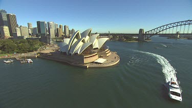 Opera House, Circular Quay, Ferries, City CBD with tall office sky scrapers, Botanical Garden. The Rocks.