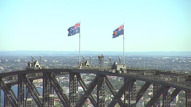 Sydney Harbour Bridge with tourists climbing bridge. Close Up.