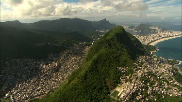 Aerial of the favelas and beaches of Rio De Janeiro