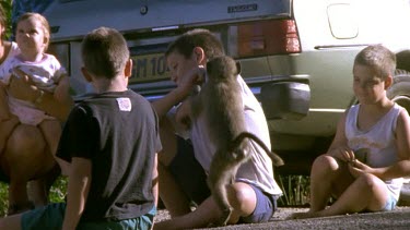 Children sitting at roadside playing with baby baboons. Baboon grabs food from one of the children.
