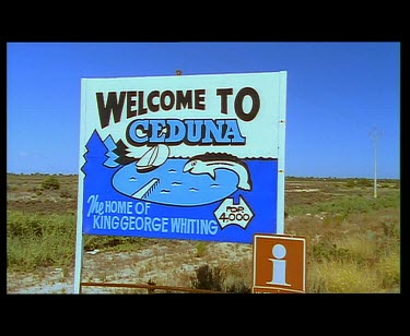 Road sign "Welcome to Ceduna the home of King George Whiting"