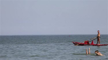 Red Rescue Boat In Adriatic Sea, Lido, Venice, Italy