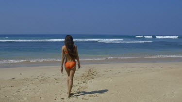 Model Walk On Beach In Orange Bikini, Midigama, Sri Lanka