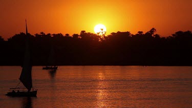 Feluccas & Tourist Boats At Sunset, River Nile, Luxor, Egypt