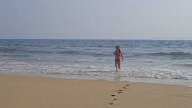 Woman Walks From Indian Ocean, Bentota, Sri Lanka